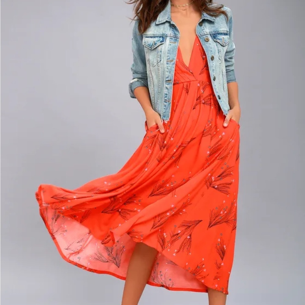 Free People Retro Coral Floral Print Dress Size 10 EUC Orange with Pockets - Picture 4 of 14